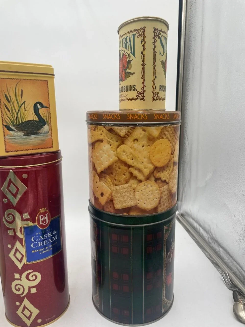 Lot of 7 Decorative Vintage Tin Containers Advertising Snack And Holiday Themes